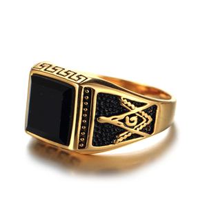 Anillo Masónico Clásico de Acero Inoxidable, Chapado en Oro, con Ágata Negra, Anillo Masónico AG para Hombre, Joyería con Símbolos del Sol y la Luna - Product Image 4
