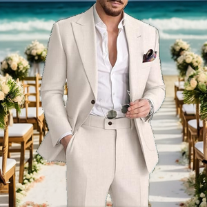 <span class=keywords><strong>Costume</strong></span> en lin 2 pièces pour <span class=keywords><strong>homme</strong></span>, décontracté, <span class=keywords><strong>été</strong></span>, plage, marié, mariage, blazer à boutonnage simple perlé et pantalon, <span class=keywords><strong>beige</strong></span>, 3XL - Product Image 2