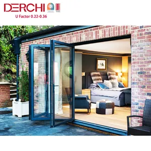 Derchi Bắc Mỹ tiêu chuẩn đôi Tempered Glass nhôm gấp cửa bên ngoài ban công giá cả phải chăng Patio Bifold hệ thống cửa