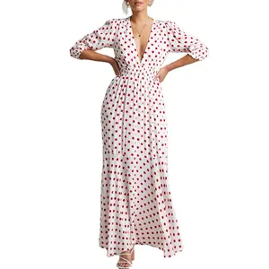 कस्टम समुद्र तट रेयान कपास बोहेमियन प्रिंट पोशाक बड़े झूले लंबी आस्तीन भट्ठा पोल्का डॉट आरामदायक पोशाक