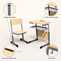 Ensemble de bureau et chaise d'écolier réglables avec panier de rangement, fente pour tablette et crochets latéraux