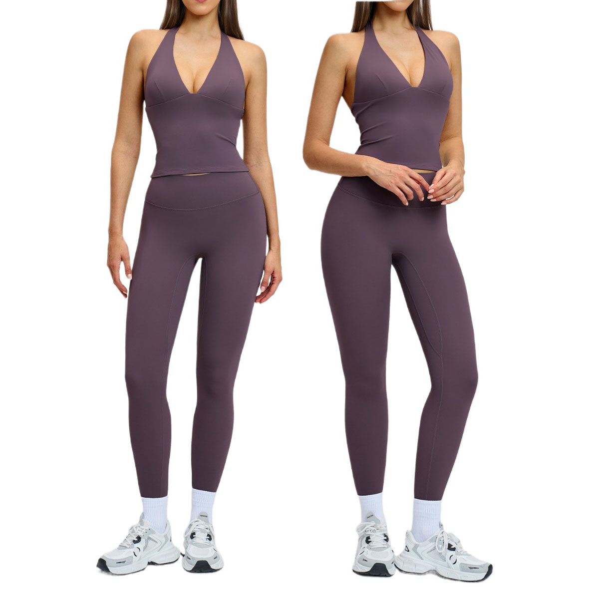 Women's Solid Yoga Wear Spandex/Nylon Quick Dry Sweat-Wicking Breathable Four-Way Stretch Halter V-Neck Tank Top Leggings