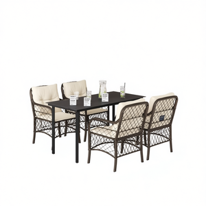 Set da Pranzo da Giardino Marrone Crema Nero 4 Posti con Telaio in Metallo Resistente alle Intemperie Arredamento da Esterno Design Contemporaneo - Product Image 1