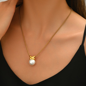Geometric Pendant <b>Necklace</b> With Imitation Pearl Gold Chain For Women Party Jewelry - Product Image 2