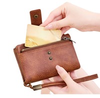 Dompet wanita modis kulit PU cokelat dompet pemblokir RFID wanita dompet koin ritsleting ganda dompet pendek untuk wanita