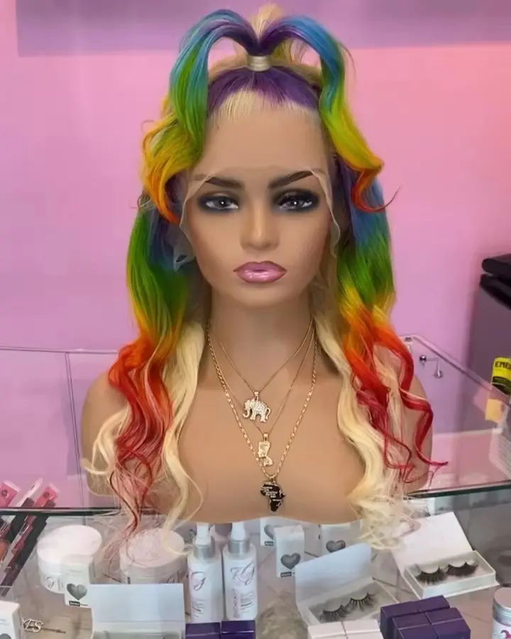 Perucas de cabelo brasileiro, de alta qualidade, frontal, peruca de cor de arco-íris