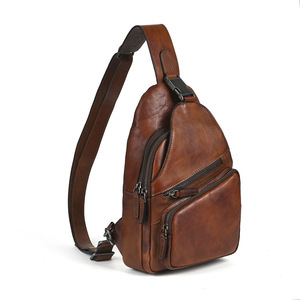 Sac de poitrine en cuir marron pour homme, en cuir de vachette, multi-zippé, sangle réglable, usage quotidien - Product Image 2