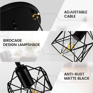 Lámpara Colgante Industrial Vintage de 3 Luces, Lámpara de Techo Moderna con Jaula de Metal Negro para Cocina, <span class=keywords><strong>Comedor</strong></span>, <span class=keywords><strong>Sala</strong></span> de Estar - Product Image 4