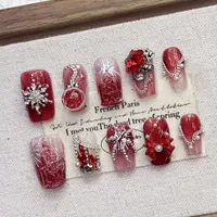 Ongles press-on courts en acrylique faits à la main, de luxe, rouge feu d'artifice