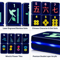 Tuiles de Mahjong américaines en acrylique translucide bleu foncé, gravées au laser et imprimées UV avec des caractères en bambou, points, vent, fleur, joker