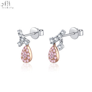 Boucles d'oreilles en diamant de luxe, design goutte, fournisseur de Hong Kong, or blanc et rose 18 carats, diamant rose naturel, pour femme, cadeau - Product Image 2