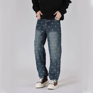 Pantalon en jean rétro pour homme, coupe crayon, délavé, avec blocs de couleur, imprimé jacquard intégral, style tendance, vente en gros transfrontalière - Product Image 4