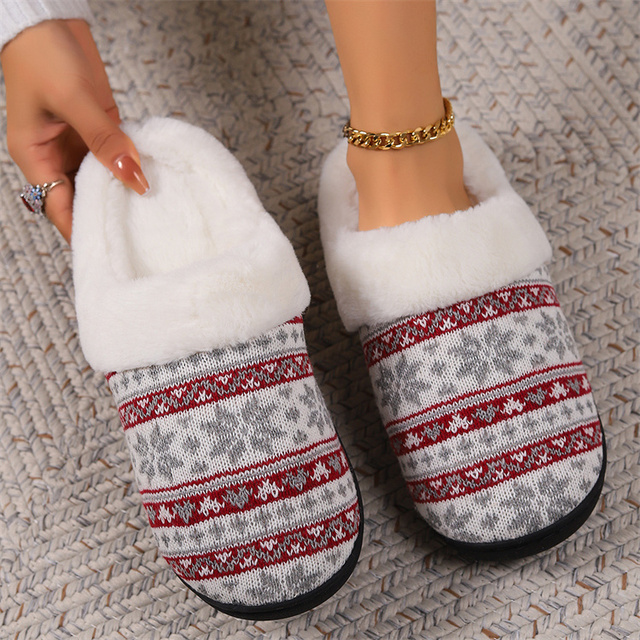 Christmas Design Warm Comfy Plush Slides Lined House Cozy Knit Bedroom Women's Memory Foam Slippers