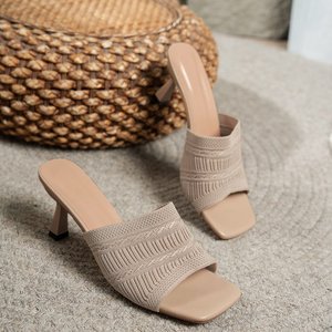À la mode une ligne glisser talon épais tricoté fil pantoufles 313 nouvelle grande taille femmes talons hauts - Product Image 2