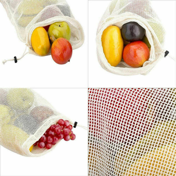 Recycled drawstring organic cotton net mesh reusable produce bags for fruit vegetable