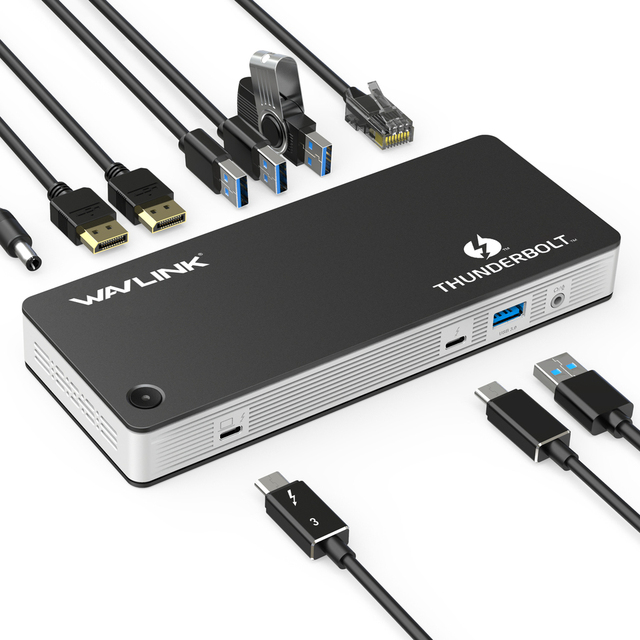 Wavlink Thunderbolt 3 USB C Docking Station 8K DisplayPort Dual 4K@60Hz PD USB 3.0/C Gigabit Ethernet Mac OS Aluminium Alloy