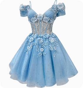 ชุดเดรสสั้นสำหรับงานคืนสู่เหย้า แบบเปิดไหล่ ประดับลูกไม้ ผ้าทูล ชุดค็อกเทล ชุดราตรี  ชุดงานกาล่า  สามารถสั่งตัดได้ - Product Image 1