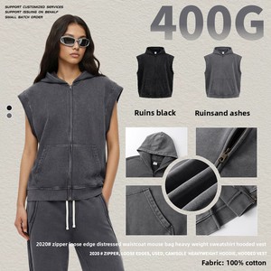 Gilet Vintage Unisex Senza Maniche con Cappuccio 400GSM Pesante, Zip, Bordo Grezzo, Effetto Invecchiato, Lavaggio Neve, Cotone, Stampa <span class=keywords><strong>Canguro</strong></span> - Product Image 4