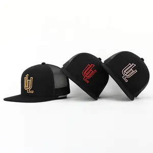 Großhandel individuelle hochwertige Stickerei Logo Herren Truck-Hut 6 Panel Baumwolle Flache Kante Gorras BSCI OEM schwarz Mesh Schneckknack-Mütze