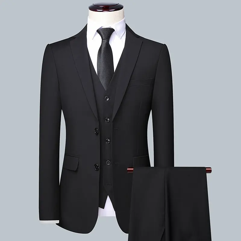 new style Long Sleeve 100%Polyester Business Suits Black Full Sleeve Single Breasted 3 Pieces Men's Suits