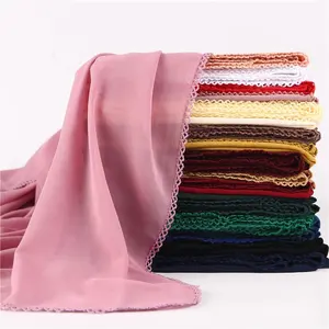 2020 New hijabs scarves muslim fashion solid color chiffon scarf with lace trim