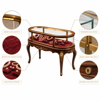 Vitrine d'îlot à bijoux incurvée rétro, style classique français, intérieur en velours rouge, éclairage intégré, personnalisable pour boutique