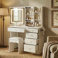 En gros Coiffeuse blanche en MDF pour maquillage avec miroir LED, 5 tiroirs, étagères de rangement et tabouret