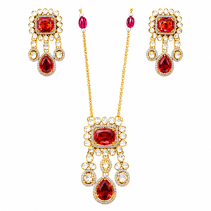 Elegante Juego de Collar y Aretes de Plata 925 con Piedras Rojas y Cuentas Blancas, Joyería Nupcial India Tradicional - Product Image 5