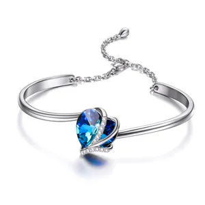 原创925纯银珠宝爱心设计师手镯蓝色水晶，我爱你手镯珠宝宽手镯