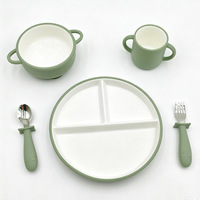 Nouvelle Arrivée Vaisselle en Porcelaine pour Enfants Assiette et Bol en Céramique Rond avec Manchon en Silicone et Base Ventouse pour Bébés et Tout-Petits