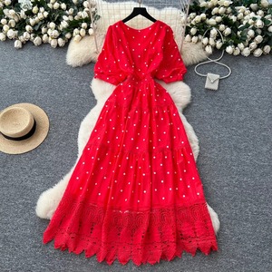 Abito elegante da sera da donna elegante da donna con maniche a pois a sbuffo in pizzo a trapezio con lunghezza <span class=keywords><strong>Midi</strong></span> Vestidos drappeggiati a mano - Product Image 4