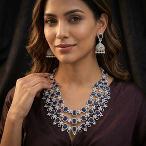 Luxury Brass <b>Blue</b> Sapphire CZ Layered Long <b>Necklace</b> Set Rhodium Plated Emerald Cut Crystal Jhumka Earrings Wedding Engagement - Product Image 1