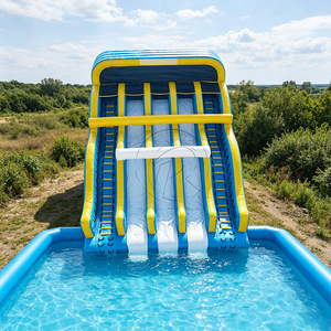 Parque Acuático Inflable Gigante Comercial Estimulante de 33 pies, Tobogán Acuático Inflable Multicarril Azul con Piscina para Adultos - Product Image 1