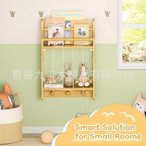 Étagère murale en bois massif pour enfants, support de rangement à 2 niveaux pour livres et jouets, étagère suspendue - Product Image 4