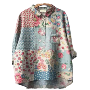 Blusa Elegante de Oficina para el Verano 2025, Nueva, Holgada, Informal, Estampada con Flores, Simple, de Poliéster, con Cuello Camisero y Manga Larga - Product Image 1