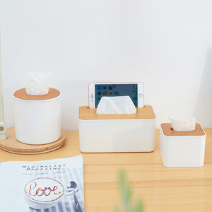 Caja de toalla de papel duradera de plástico, cubierta de madera de bambú con ranura para <span class=keywords><strong>teléfono</strong></span> móvil, contenedor de pañuelos para servilletas - Product Image 3