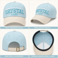 Cappello da papà bicolore blu crema con ricamo 3D a sbuffo, logo personalizzato, fodera, chiusura con fibbia in metallo, corona, stile retrò classico, morbido