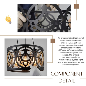 Luminaire suspendu Cervelle à 3 lumières, en forme de tambour, noir mat, avec découpes florales en métal et verre - Product Image 5