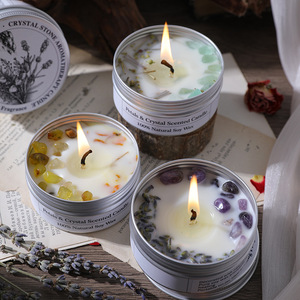 Natural Soy Wax Tin Scented Candle With Crystal Stones <b>Dried</b> <b>Petals</b> Multi Scent For Home Decor Gift - Product Image 1