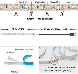 "60Leds/<span class=keywords><strong>m</strong></span> USB-betriebene kühle weiße 6000K flexible LED-Licht leiste 3,28 Fuß/1M SMD2835 8mm PCB Smart Strip Lights mit hoher Helligkeit" - Product Image 2