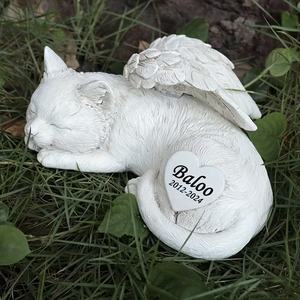 Statue commémorative de chat ange en résine personnalisable - Plaque en forme de cœur gravable (nom/date), design ailé endormi, idéal pour la décoration de jardin - Product Image 2