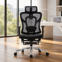 Chaise de bureau ergonomique avec dossier en maille, appui-tête, siège rembourré en mousse, fonction inclinable et repose-pieds extractible pour salle de pause