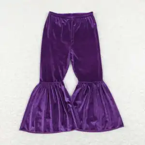 New products RTS fancy girls clothing kids toddler flare trousers baby purple velvet pants fro Mardi Gras