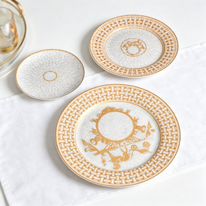 36pcs Luxury Gold Greek Key And Medallion Embossed Porcelain Dinnerware <b>Set</b> With Premium Leather Gift Box - Product Image 5