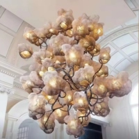 JYLIGHTING Lustre en maille florale organique de luxe personnalisable, suspension LED artistique en fil métallique à hauteur réglable pour hall d'hôtel