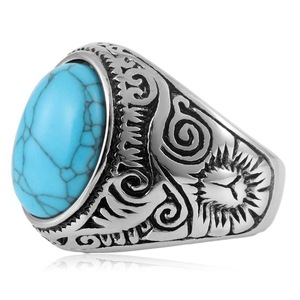 yunnique Stainless Steel <b>Ring</b> <b>Men</b> Blue Turquoise Oval Bezel Setting Retro Fashion Jewelry Gift - Product Image 4