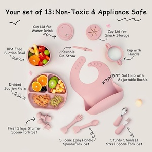 Ensemble d'alimentation pour bébé en silicone 13 pièces, ustensiles de sevrage pour tout-petits, assiette et bol à ventouse, 3 tasses à bec réglables avec paille - Product Image 2