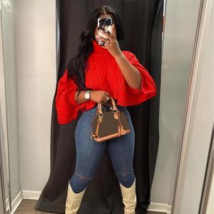 เสื้อสเวตเตอร์ผู้หญิงแฟชั่นคอสูงสีพื้นทรงหลวมแบบสั้น - Product Image 3