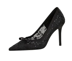 Zapatos de tacón de aguja con punta para mujer, de verano, con encaje floral, boca poco profunda, malla hueca, tacones altos, para fiesta - Product Image 3