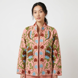 Pink Floral Embroidered <b>Mandarin</b> <b>Collar</b> Bomber <b>Jacket</b> Women's Spring Autumn Winter Cotton Velvet Full Sleeve Regular Length Hand - Product Image 2